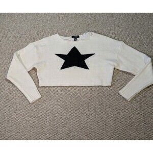 Refuge Cropped Knit Sweater Small Beige Star Y2K Retro Grunge Streetwear